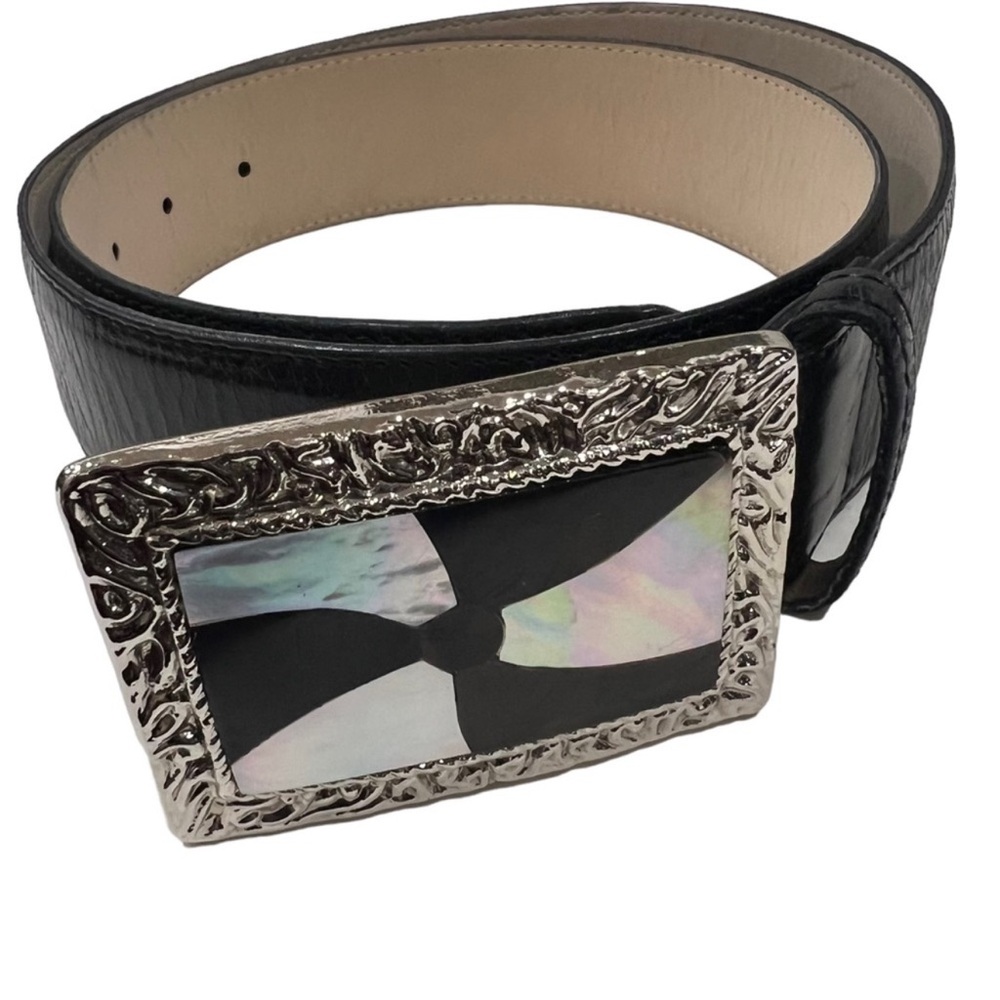 Vintage Black Leather Belt with Silver and Mother of Pearl Iridescent Buckle